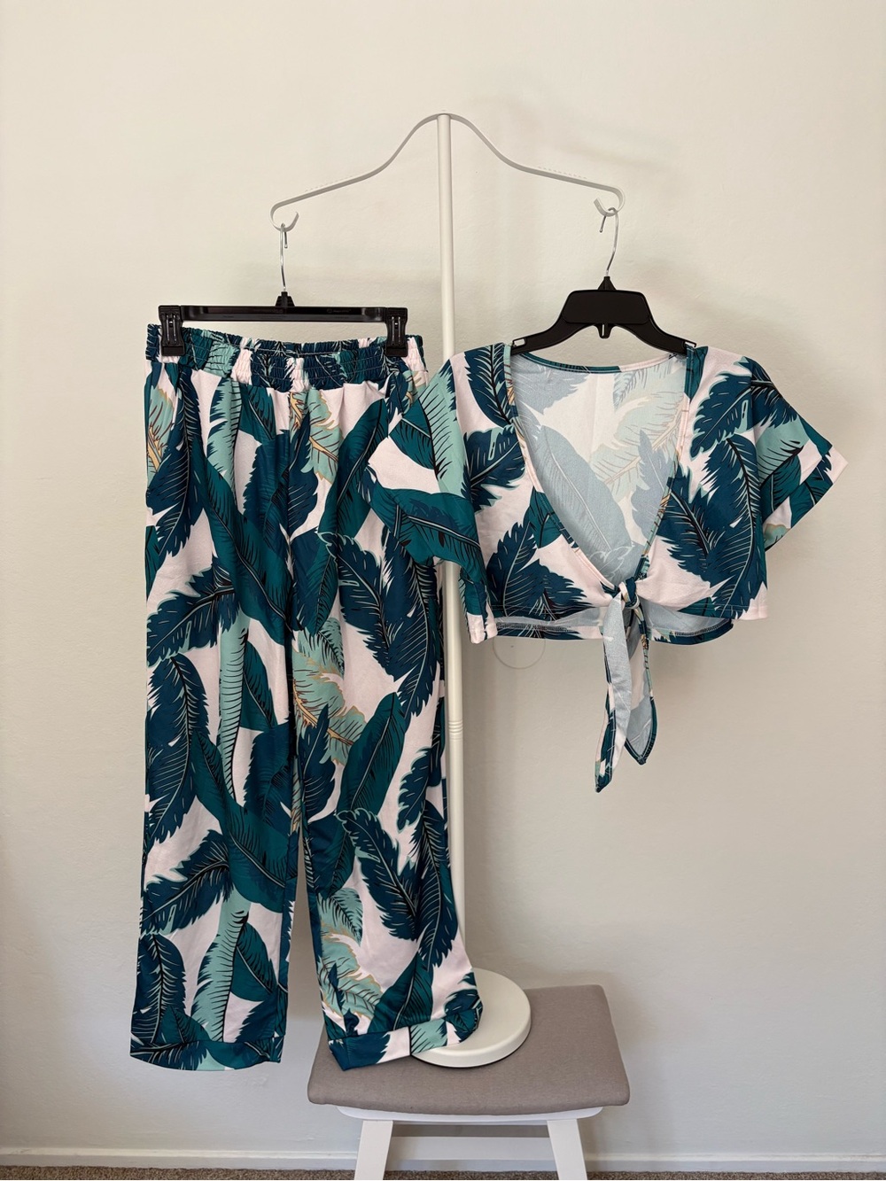 Tropical Palm Leaf Two Piece Crop Top & Pants Set